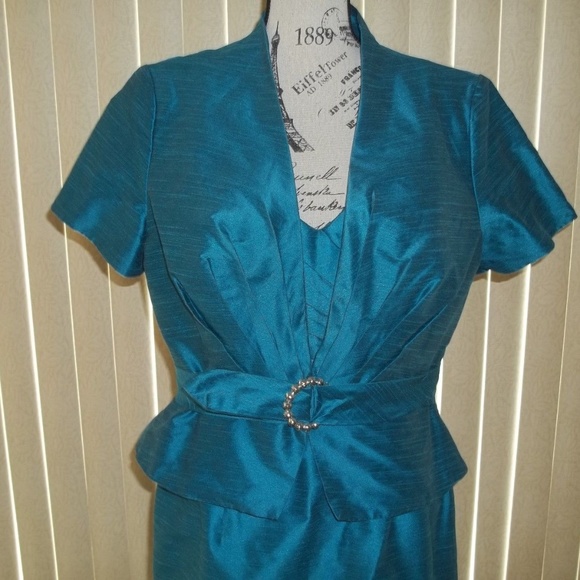 PEACOCK SLEEVELESS DRESS WITH MATCHING JACKET MOB/PARTY DRESS SIZE 14 - Picture 2 of 8